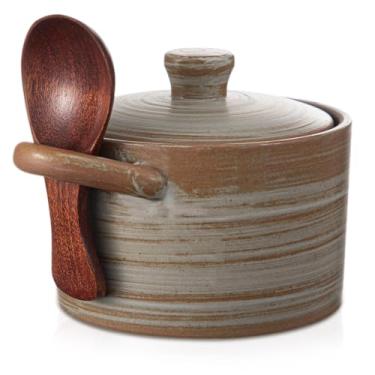 Imagem de Honeydak Saleiro de cerâmica salpicada com tampa e colher de madeira, suporte rústico para adega de sal e pimenta para presente de inauguração de casa de Natal, pote de especiarias pesadas (marrom