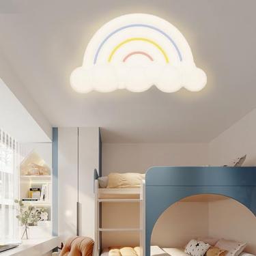 Imagem de Luminária de teto LED infantil com proteção para os olhos, design criativo de nuvem arco-íris, dimerizável, com controle remoto, 50W, ideal para quartos de meninos e meninas.