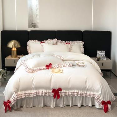 Imagem de Conjunto de cama Style Ruffles Princess com capa de edredom, saia de cama, lençol de baixo com elástico, lençol de cima e fronhas com laço preto, 2 unidades, lençol de baixo de 1,8 m.