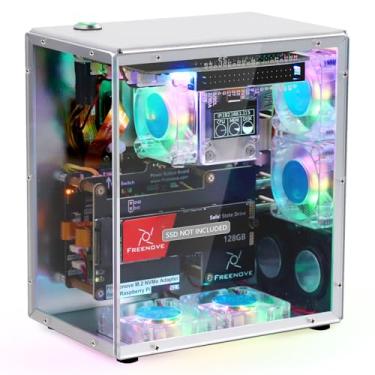 Imagem de FREENOVE Kit de capa para Raspberry Pi 5 PC, slot SSD M.2 NVMe, 5 ventiladores PWM ARGB sincronização de luz, cooler de torre de CPU, tela OLED de 0,96 polegadas, alto-falantes estéreo, áudio de 3,5