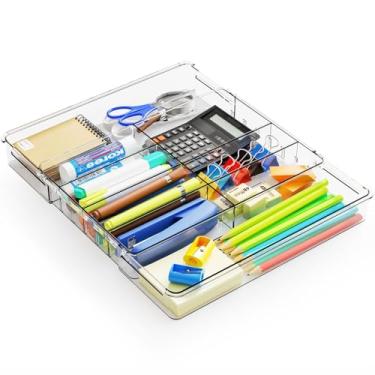 Imagem de Yieach Bandeja organizadora de gaveta de mesa expansível, organizador de gaveta de lixo de 4 cm de altura para cozinha, organizadores de gaveta de escritório rasos transparentes com 10 compartimentos