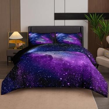 Imagem de Jogo de cama solteiro com estampa de céu estrelado azul e roxo, 6 peças, galáxia, espaço sideral azul e roxo, (1 edredom, 1 lençol de cima, 1 lençol com elástico, 2 fronhas, 1 fronha)