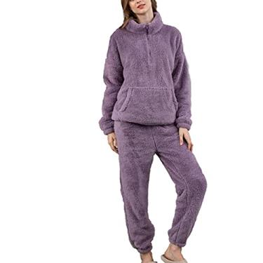 Imagem de HHHJQFAAT Pijama feminino de flanela feminino outono e inverno conjunto de serviço doméstico engrossando pijamas de lã coral (violeta X)
