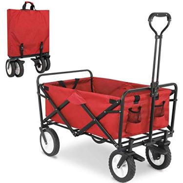 Imagem de Vagão utilitário dobrável dobrável para uso externo, carrinho de jardim resistente com freios de roda e 2 suportes de copo, para compras, piquenique (verde) (vermelho)