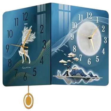 Imagem de Relógio de parede silencioso decorativo de dupla face com padrão de alce, relógio de parede silencioso sem tique-taque, relógio de canto com pêndulo, alimentado por bateria