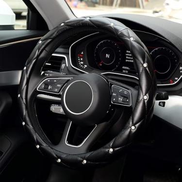 Imagem de AMZAUTO Capa de volante de couro diamante feminina, capa de volante brilhante, antiderrapante, macia, acessórios internos de 38 cm para veículos femininos e meninas, preto