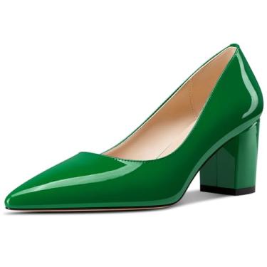 Imagem de Aachcol Sapato feminino de couro envernizado para festa de escritório, salto médio, grosso, bico fino, salto de 6 cm, Verde esmeralda, 36