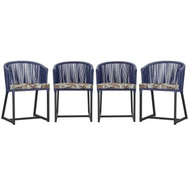 Imagem de 4 Cadeiras De Jantar Noronha Preta Corda Náutica E6 Trama Azul