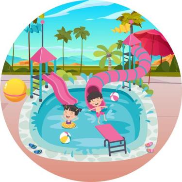 Imagem de Painel de Tecido Sublimado Redondo Festa na Piscina Menino e Menina c/