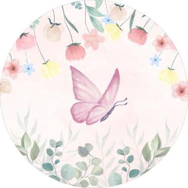 Imagem de Painel de Tecido Sublimado Redondo Borboleta Rosa Jardim de flores e f