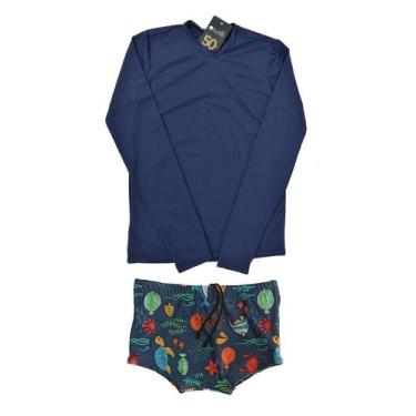 Imagem de Conjunto proteção UV menino camiseta e sunga boxer marinho 0 a 16 anos