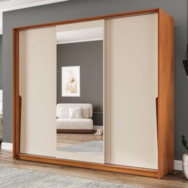Imagem de Guarda Roupa Casal com Espelho 3 Portas de Correr Porto Politorno - Freijo/Creme