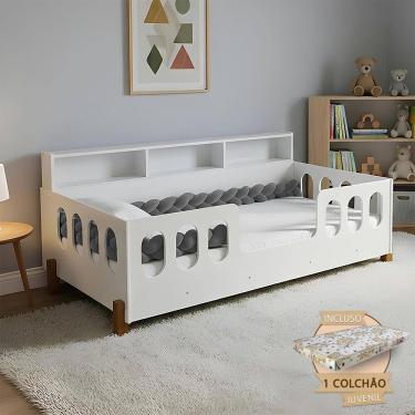 Imagem de Cama Montessoriana Completa Nina com Colchão + Enxoval e Trança Cinza 2,5m