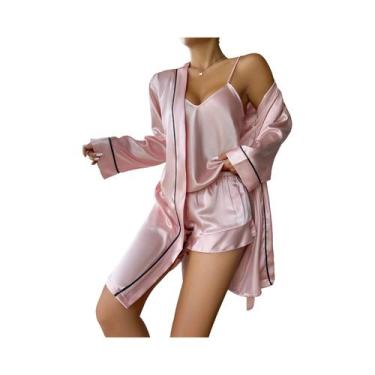 Imagem de Conjunto de Pijama Feminino de Cetim - Manga Longa, Decote V, Shorts e