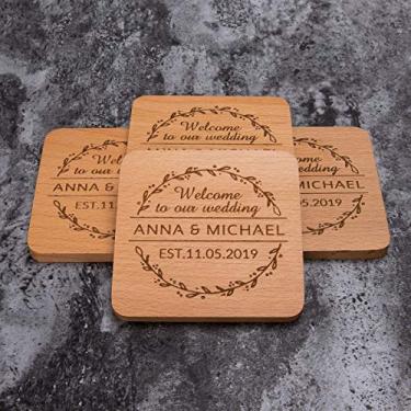 Imagem de Porta-copos de madeira de faia com monograma personalizado para bebidas – Presentes de casamento personalizados para presentes de chá de panela – Conjunto de porta-copos personalizado, #10 Names&Date Style, 6