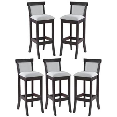 Imagem de Kit 5 Banquetas Alta Estofada Encosto Mônaco 36x100Cm Madeira Maciça Tabaco Linho Bege Cru L71 - RMI