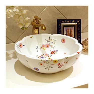 Imagem de jinyi2016SHOP Pias de vaso de cerâmica feitas à mão para pia de banheiro com arte de cor branca acima do balcão, pia de lavagem, formato de flor, 1 pia apenas para pia de banheiro