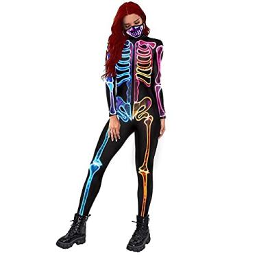 Imagem de Yajun Macacão de Halloween 3D com esqueleto fluorescente e manga comprida, body slim para festa, P (150-155 cm)