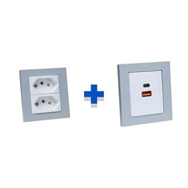 Imagem de Kit Espelhos de Tomadas Duplo Reto 2Tom 20A 2Usb 3.5A 1tipoC COR:CINZA