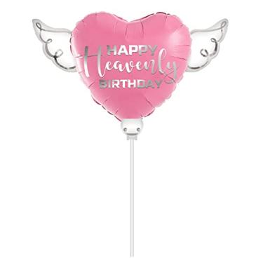Imagem de Happy Heavenly Birthday Balões em um bastão balão rosa em forma de coração com asas de anjo
