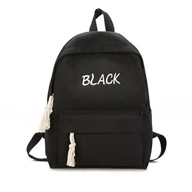 Imagem de Mochila universitária mochila de lona de grande capacidade mochila de impressão de letras simples mochila com zíper duplo leve mochila casual, preta, 38 x 28 cm