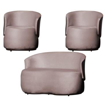Imagem de Kit 2 Poltronas e 1 Namoradeira Decorativa Orgânica Beatriz Veludo Composê Corino Marrom - Estopar