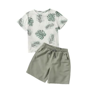 Imagem de Verdusa Conjunto de 2 peças de camiseta e shorts de manga curta com estampa tropical para meninos, Verde, bege, 4Y