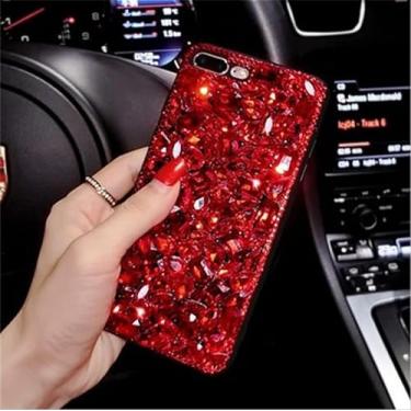 Imagem de HFICY Capa de telefone feminina com 2 peças de protetor de tela de vidro, capa protetora feminina transparente macia com cristais brilhantes para mulheres (vermelho, para AT&T Radiant Max 5G)
