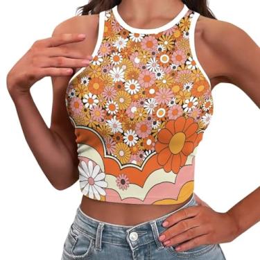 Imagem de Yewattles Top curto sexy para mulheres gola alta camisetas colete regata menina roupas de verão PP-2GG, Flor hippie colorida, P