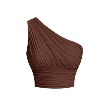 Imagem de SOLY HUX Regata feminina de verão franzida de um ombro só sem mangas, Marrom chocolate sólido, M