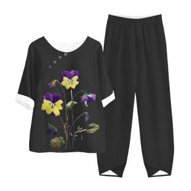 Imagem de Conjunto feminino de 2 peças de linho, estampa floral, blusa e calça capri de cintura alta, conjunto combinando para idosos do meio, Preto, 4X-Large