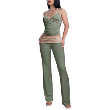 Imagem de Conjunto feminino de 2 peças, conjunto de agasalho, com gola V, blusa cropped e calça flare dobrável, roupa urbana, Verde cáqui, X-Large