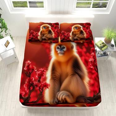 Imagem de Jogo de lençol Queen marrom vermelho, 4 peças, animal fofo, macaco dourado, 40,6 cm, lençol de cima e 2 fronhas, para meninos e meninas e adolescentes