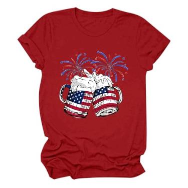 Imagem de Camisetas femininas patrióticas, blusas com bandeira americana, estampa engraçada de taça de vinho, 4 de julho, blusas casuais de verão, caimento solto, túnicas, Vermelho, GG