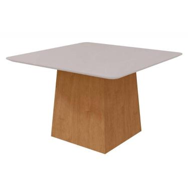 Imagem de Mesa de Sala Jantar Nevada c/Tampo Madeirado Vidro Curvo 130x130cm Amendoa/Off White -...