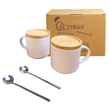 Imagem de Acyhggi Conjunto de 2 canecas de cerâmica empilháveis com colher - Caneca de casal 400 ml - Caneca de café branca grande com tampa de madeira