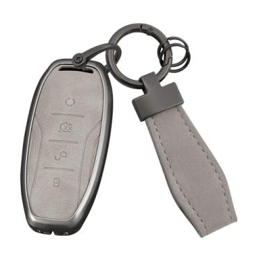 Imagem de HIBEYO Capa de chaveiro compatível com BYD ATTO3 Song DM-i Plus Pro Max Qin Don Han E-Seed GT Acessórios liga de zinco e capa de couro compatível com BYD Smart Remote Key Case - Chaveiro curto cinza