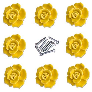 Imagem de Puxadores de alça, puxadores de armário de cerâmica de flor rosa elegante + puxador de puxador de gaveta para móveis de parafuso ornamento (8 peças), 7.7 x 5.3 x 1.9 inches, Yellow