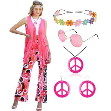 Imagem de FunMular Roupas femininas hippie dos anos 60 e 70 com tops dos anos 70, acessórios, calças, franja, colete e franjas, cardigã, rosa, XX-Large