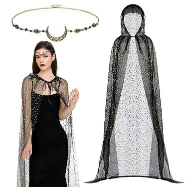 Imagem de Toulite 2 Pcs Halloween Witch Cosplay Costume Set Gold Moon Star Hooded Cape Witch Hooded Cape for Women Moon Head Chain Vintage Headpieces Forehead Hair Jewelry for Cosplays Halloween Dress