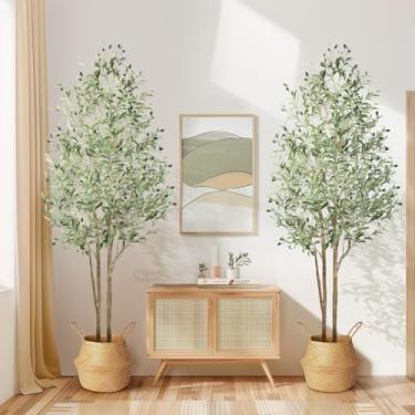 Imagem de Alupssuc Oliveira sintética, planta de seda falsa (183 cm), oliveira artificial com tronco de madeira natural e frutas realistas, perfeita para decoração de piso de sala de estar, escritório em casa,