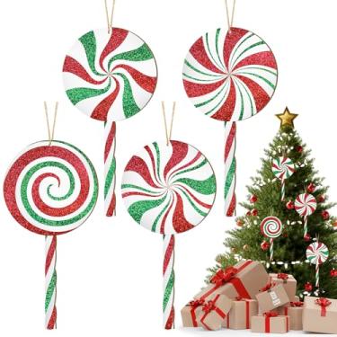 Imagem de 4 peças de enfeites de doces de madeira de Natal, 30,5 cm com glitter grande, enfeites de doces de pirulito de árvore de Natal, enfeites para pendurar em bengala de doces, decorações vermelhas de