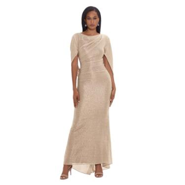 Imagem de Betsy & Adam Vestido feminino longo elástico metálico manga 3/4 gola drapeada nas costas formal, Ouro/Prata, 46