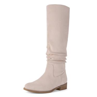 Imagem de Shoe'N Tale Botas femininas de cano alto, salto baixo, despojadas, bico fino, sapatos de inverno com zíper lateral, Bege, 35