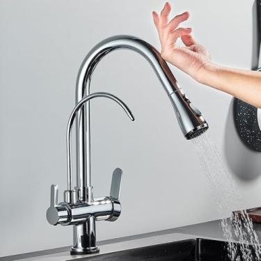 Imagem de Filtro de sensor de toque Torneira de cozinha Torneira de cozinha de latão com água pura Torneira misturadora retrátil Girar guindaste de água quente e fria Modo 2 vias, cromado