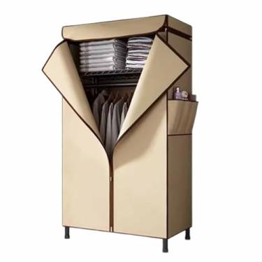 Imagem de Guarda-roupa Armário de armação de aço completo armário de tecido de veludo pêssego armário de armazenamento de capacidade extra grande para aluguel habitação branco armário