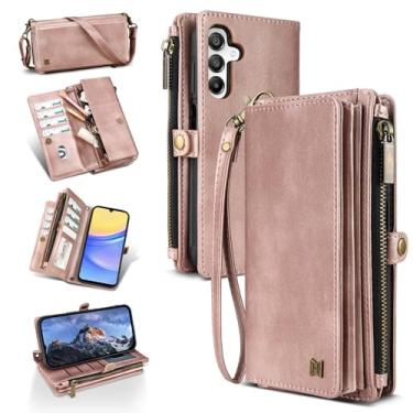 Imagem de QIXIU Capa carteira compatível com Samsung Galaxy A56, capa de telefone de couro PU com bloqueio de RFID, mulheres, homens, suporte, alça de pulso, zíper, compartimentos para cartão de crédito para