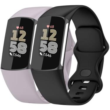 Imagem de Nacorulu Compatível com pulseiras Fitbit Charge 6/Fitbit Charge 5, pulseira de substituição de silicone macio para mulheres e homens, pacote com 2 (preto_lavanda, grande (18 cm a 23 cm)