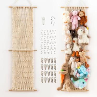 Imagem de Pretty Jolly Rede de armazenamento pendurada de algodão de 119 cm para animais de pelúcia com 20 clipes de metal, organizador de brinquedos de pelúcia, suporte de parede para quarto de criança