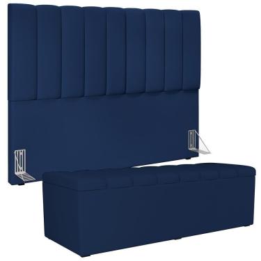 Imagem de Kit Cabeceira Cama Box Casal King 195cm Com Calçadeira Baú Dália W01 Suede Azul Marinho Lyam
